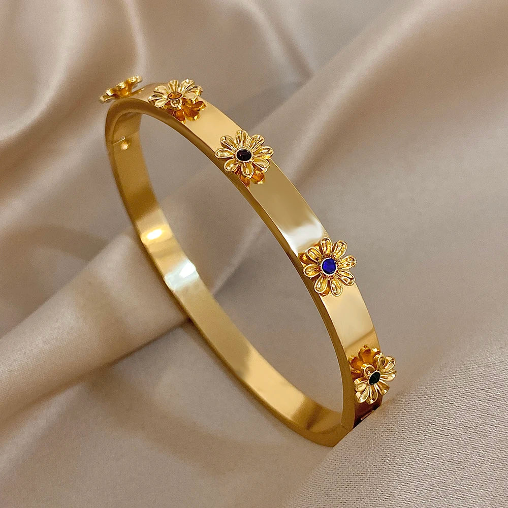 Brazalete de Acero con Flor y Cristales