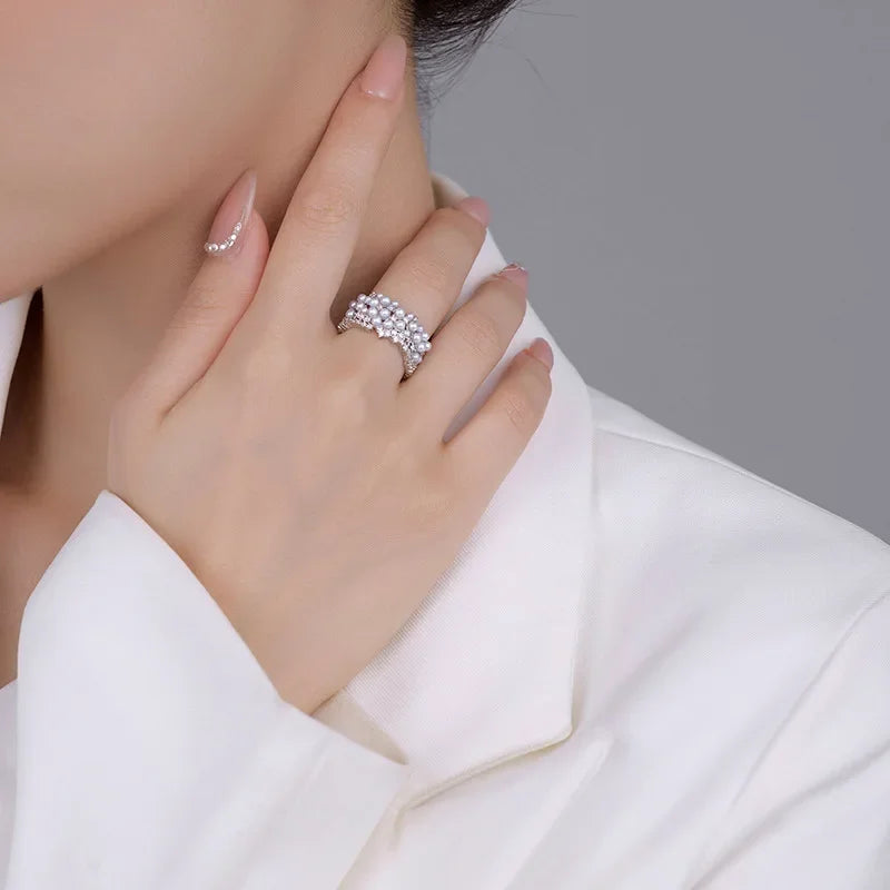 Anillo Abierto de Plata 925 con Perla y Circón