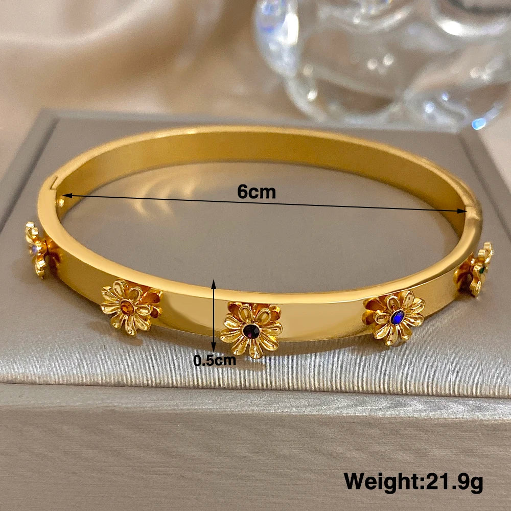 Brazalete de Acero con Flor y Cristales