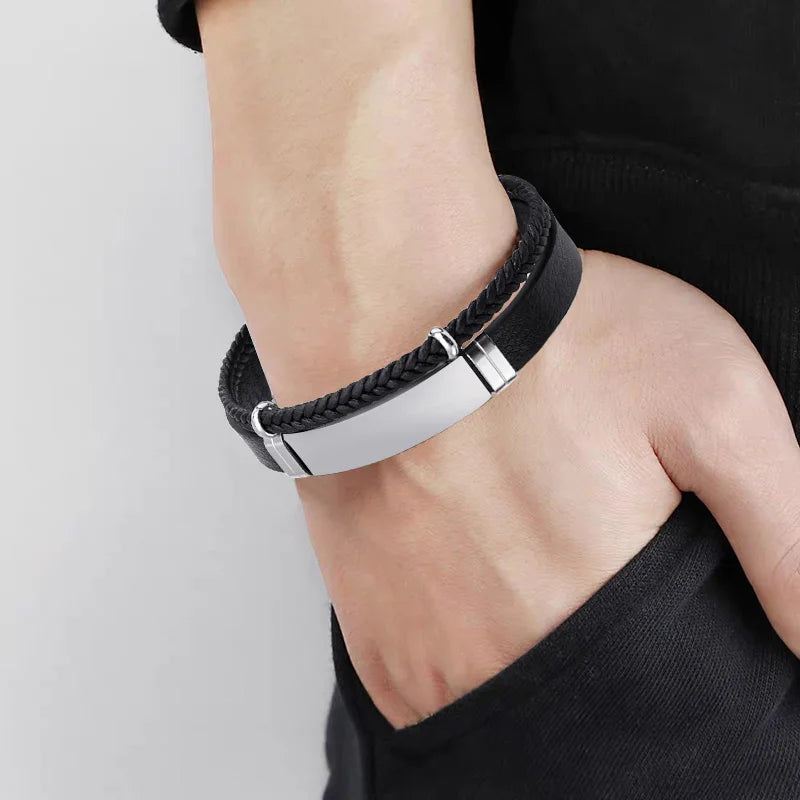 Pulsera Doble de Cuero Trenzado y Acero